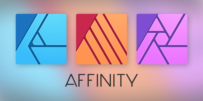 The trio of Affinity application icons - Affinity Photo, Affinity Designer and Affinity Publisher.