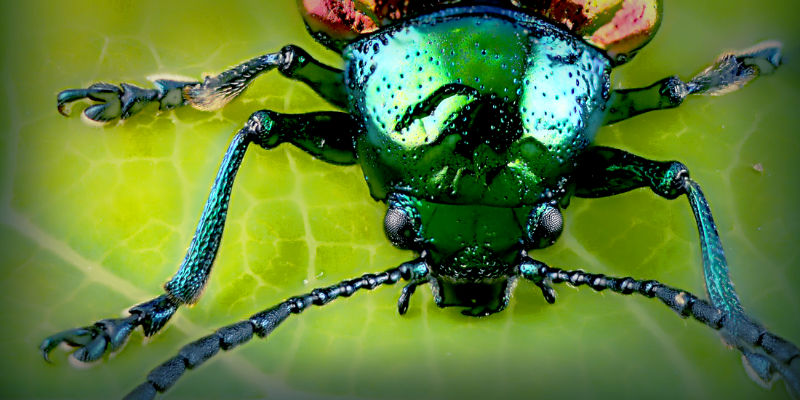 A close up of a beetle on a leaf showing it's iridescent carapace.