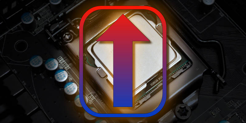 A blue and red arrow pointing up over an image of a computer processor.