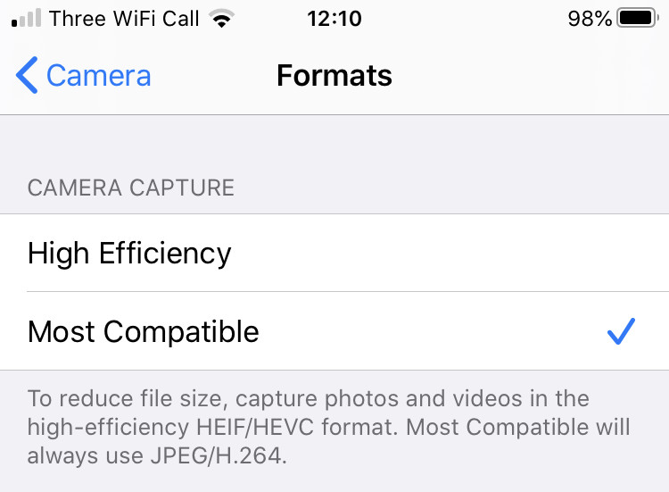 The image format options of camera settings in iOS.