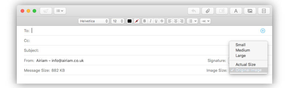 The Image Size drop down options in Mail. Original Image selected.