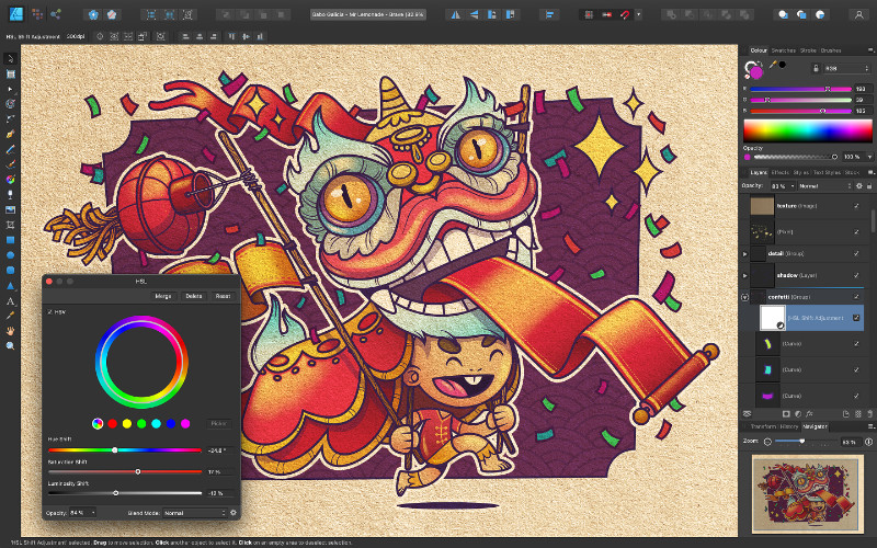 The Affinity Designer interface with a Chinese dragon design.