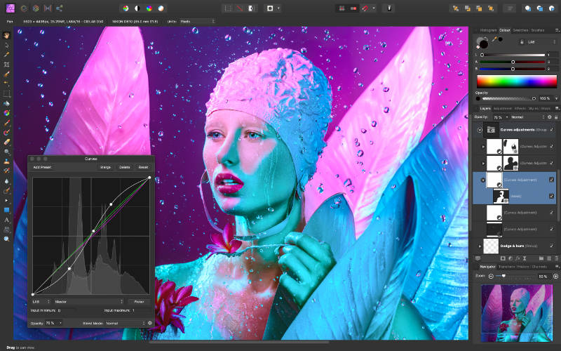 The Affinity Photo app window with a an image of a colourfull woman in swim cap and a curves pallette open.