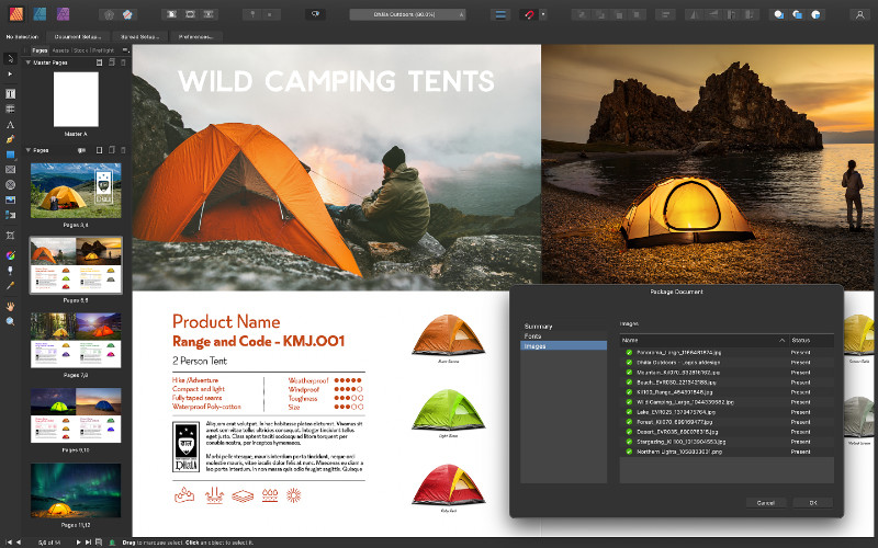 The Affinity Publisher app window with a Tent catalogue design open.