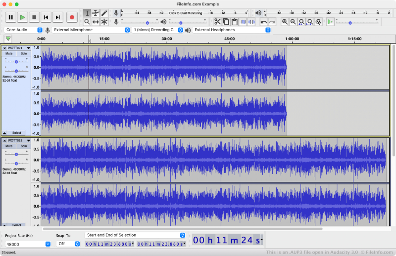 Audacity's main window showing 2 sterio waveforms.