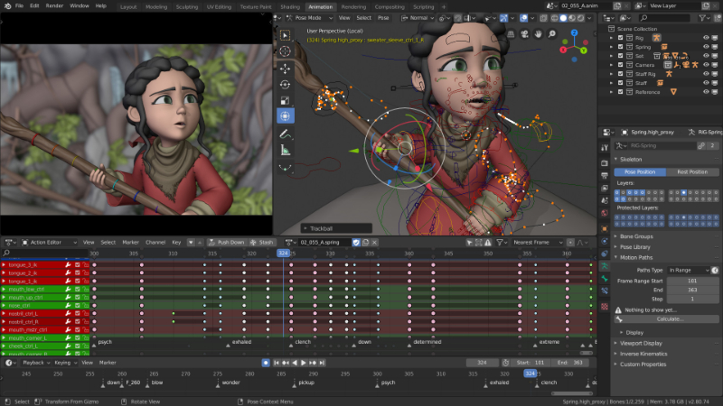 Blender's animation interface showing a girl charchter with rigging controls.