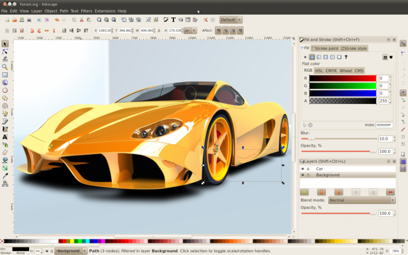 The Inkscape interface with a drawing of a yellow Ferrari