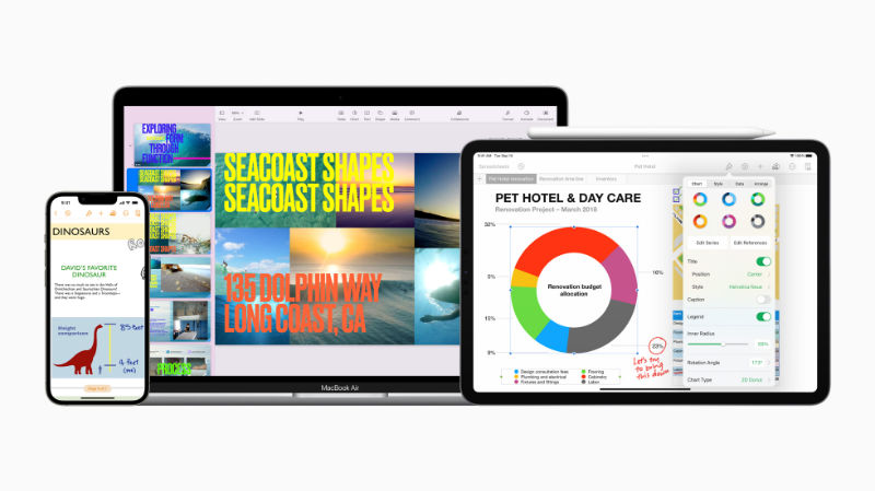 The iWork apps displayed on an iPhone, MacBook Air and iPad Pro