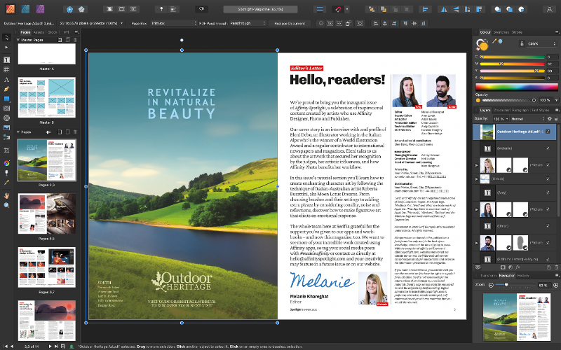 Affinity Publisher's interface editing a magazine.