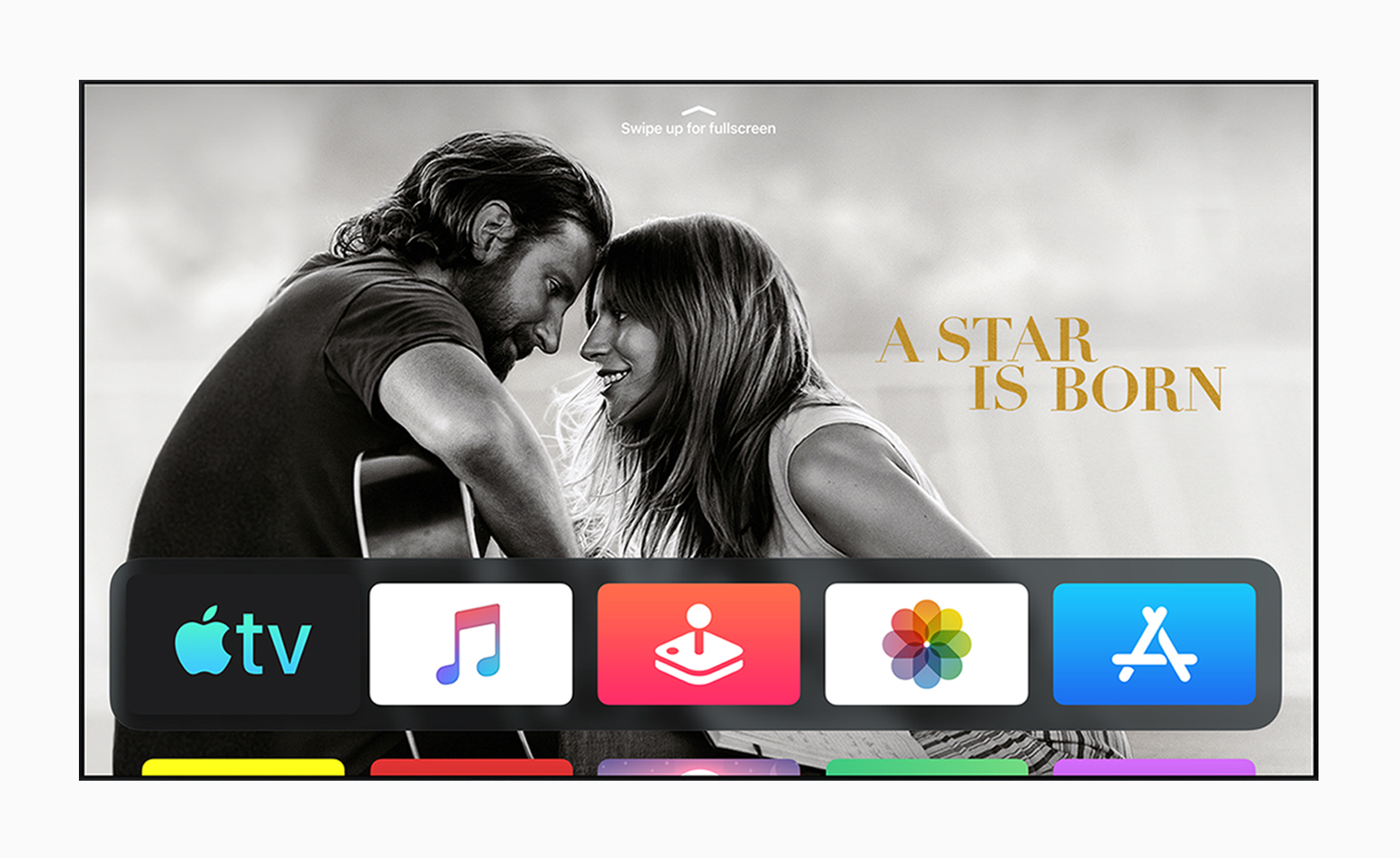 The main Apple TV interface with A Star Is Born showing