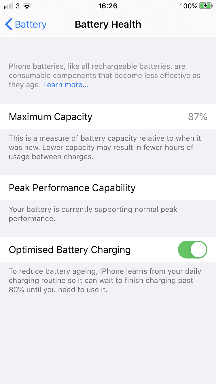 The Battery Health information on an iPhone