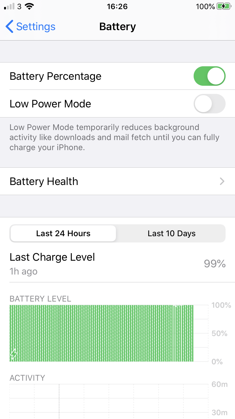 The Battery settings on an iPhone