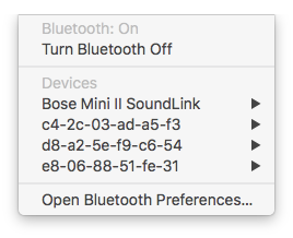 The standard Bluetooth menu bar menu