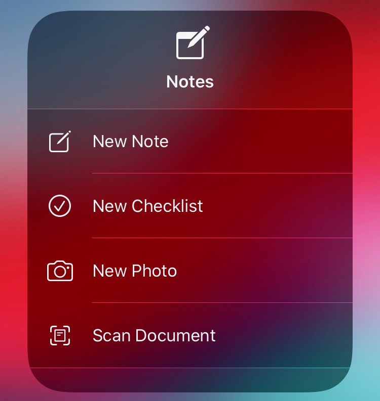 The long press menu for the Notes app.