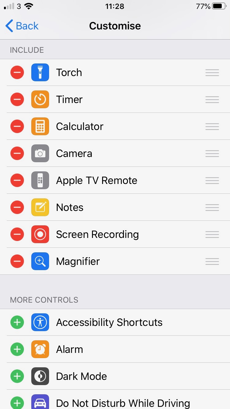 The Customise section of the Control Centre preferences.