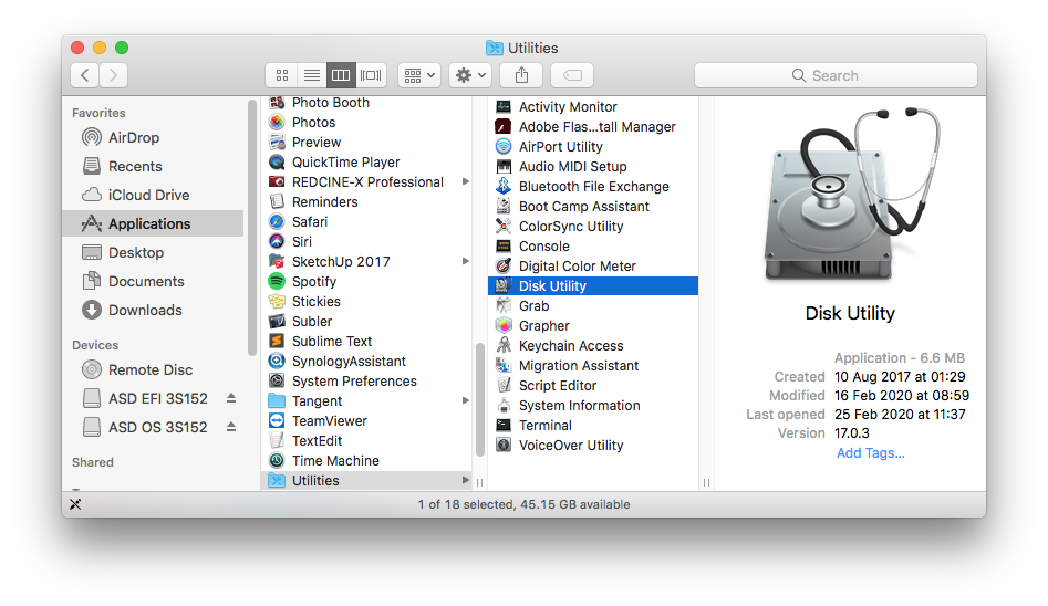 The Disk Utility application located inside of the Utilites folder in a Finder window.