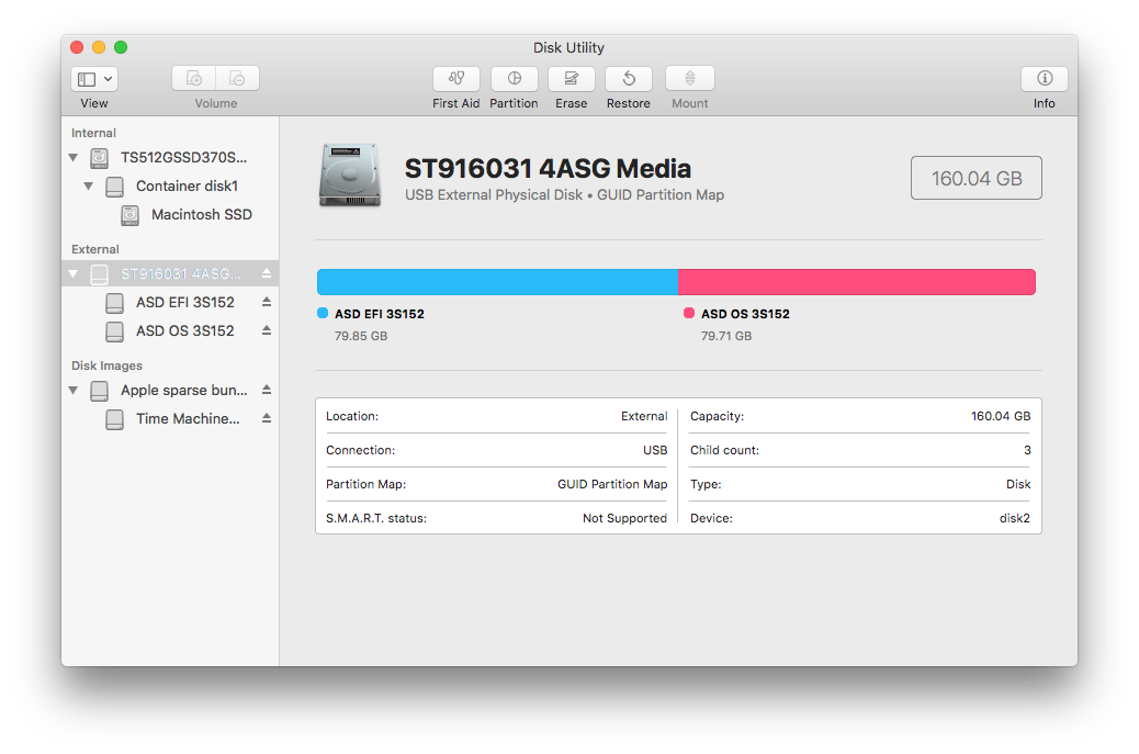 The Disk Utility main window showing the mounted drives and disk images.