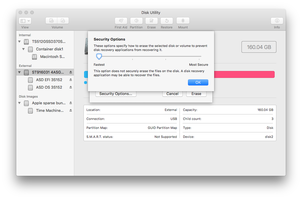 The Disk Utility Security Options sheet.