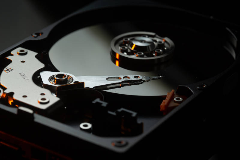 A close up of the interior of a hard drive.