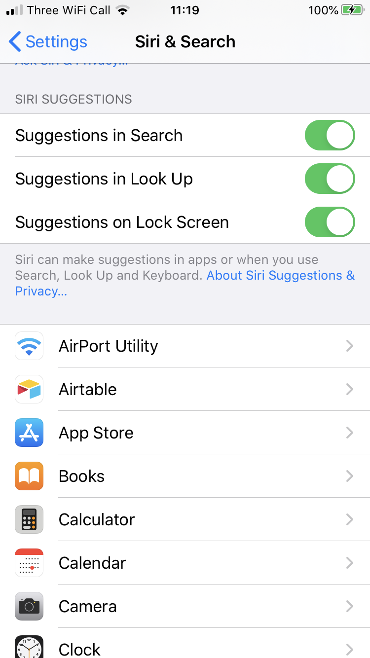 The Siri & Search settings on iOS.