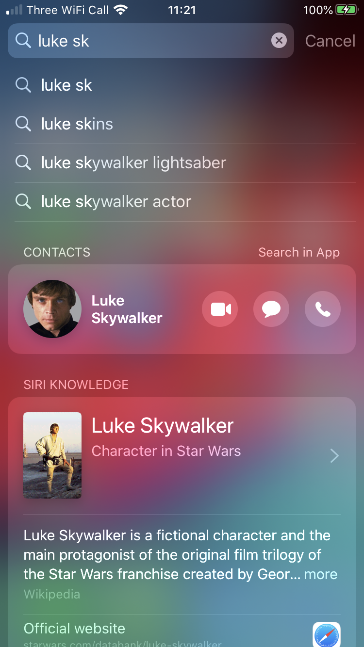 The Search results for search term Luke Skywalker in iOS.