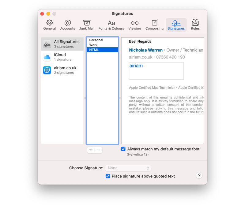 The Mail Signature Pane in Mail's preferences.