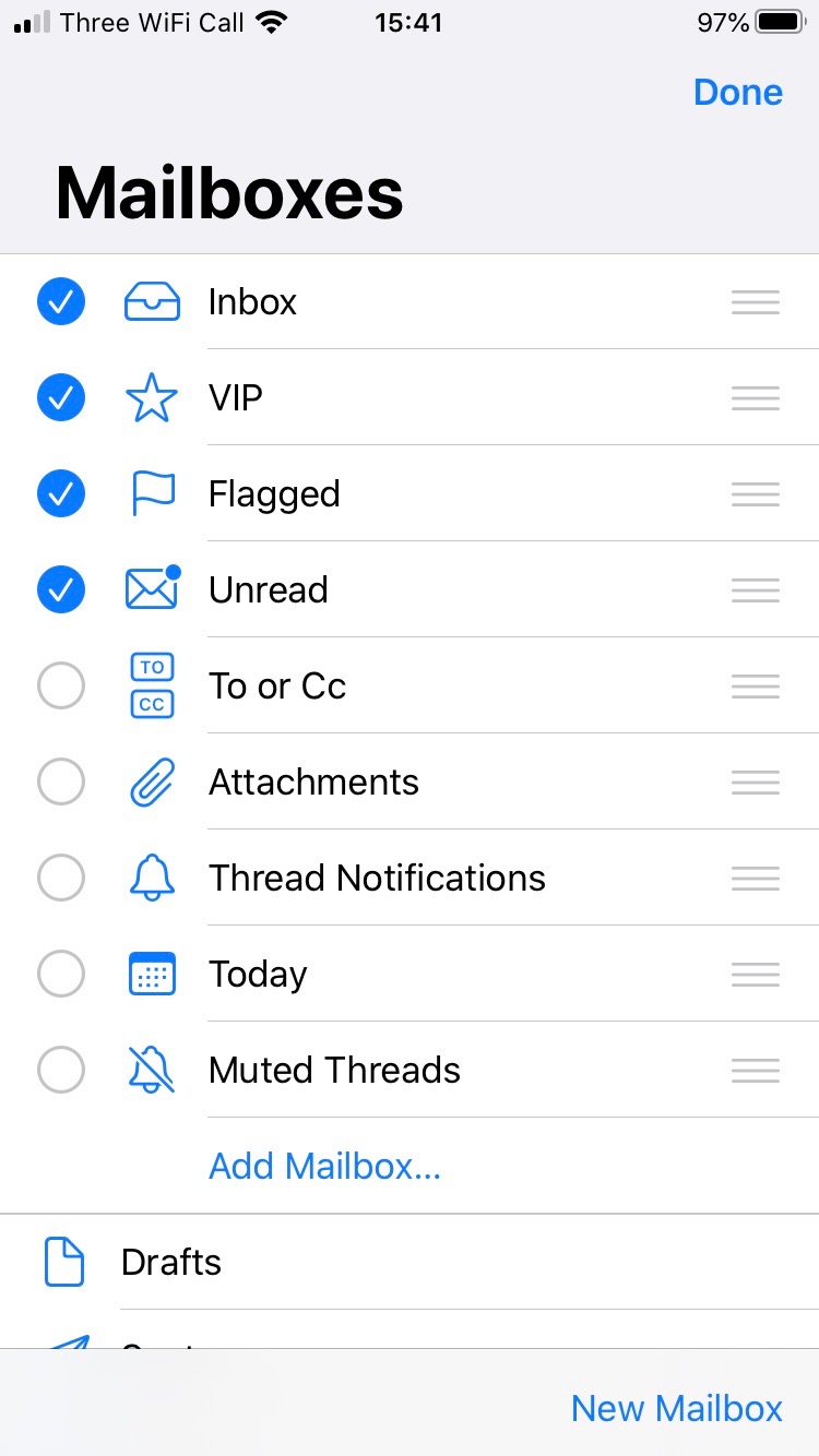 The Edit pane for mailboxes on iOS.