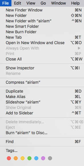 The Finder edit menu with the option key pressed.