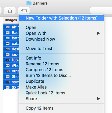 The Finder contextual menu showing the New Folder with Selection option highlighted.