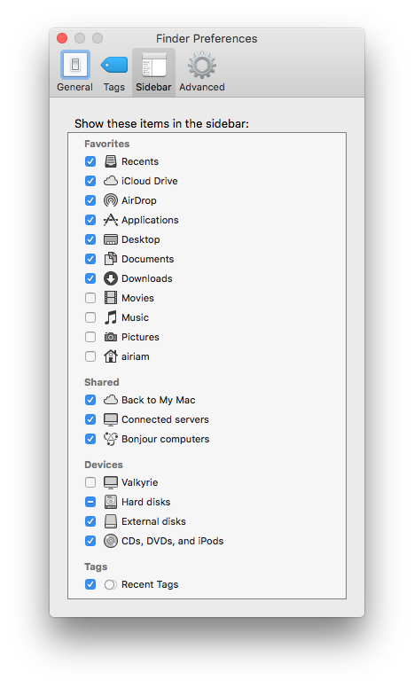 The sidebar finder preferences.