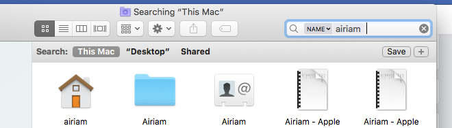 A Finder window with a search for Airiam applied.