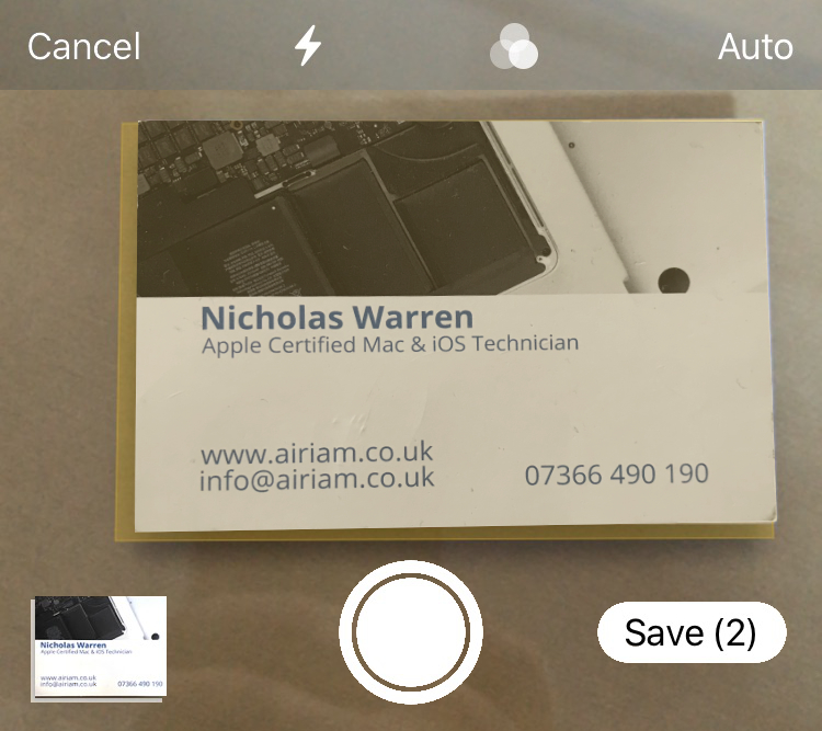 The Airiam business card being scanned inthe notes app.