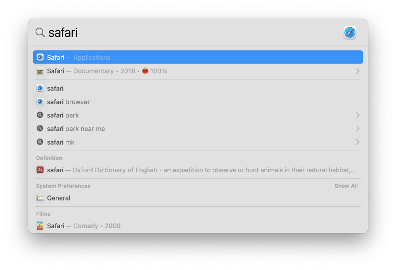 The Spotlight window with Safari as the search term.