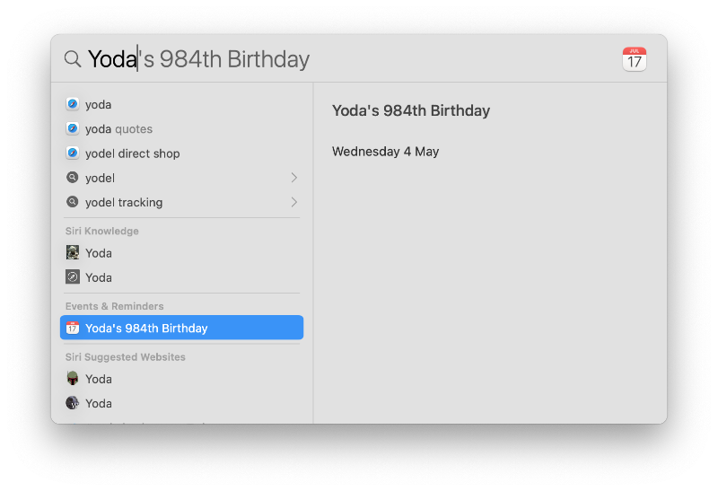 The Spotlight window showing an event for Yoda's birthday.