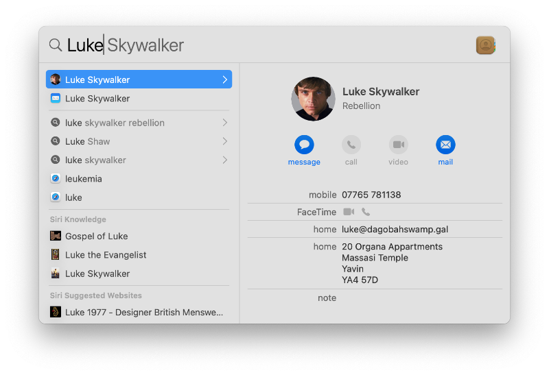 The Spotlight window with Luke Skywalker as the search term.