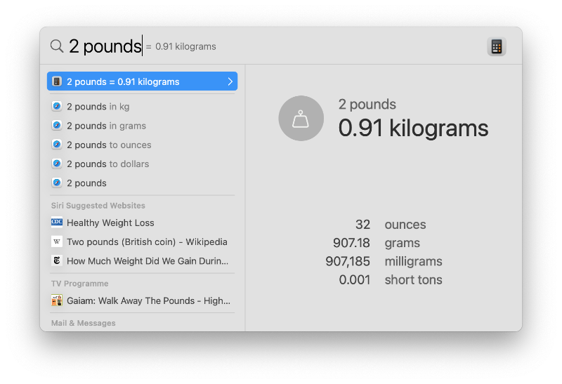 The Spotlight window showing conversions for 2 pounds.