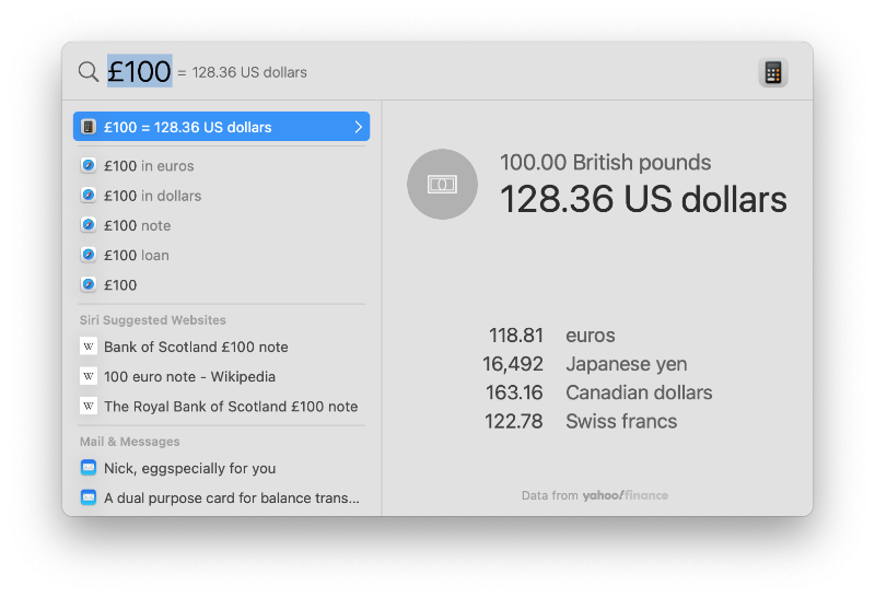 The Spotlight window currency conversions for £100.