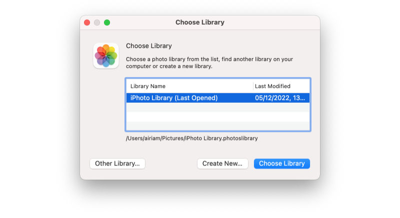 The choose library pane for Photos